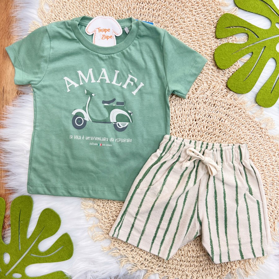 Conj. Camiseta Amalfi Lambreta e Bermuda em Linho - Verde